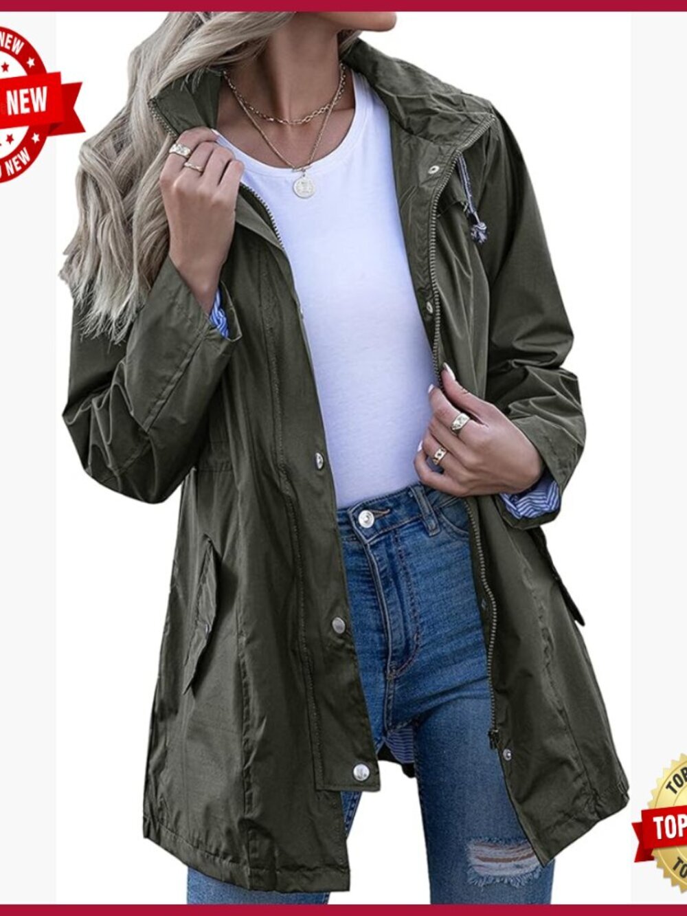 Lightweight Waterproof Rain Jacket Hooded Windbreaker Striped Lined
